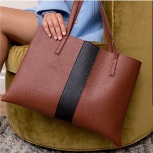 Vince Camuto Brown and Black Luck Vegan Leather Tote Bag